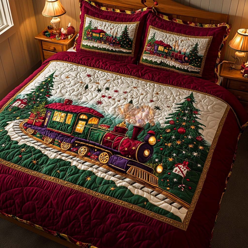 Christmas Train Journey quilted 3-piece bedding set on a made bed in a winter-styled bedroom