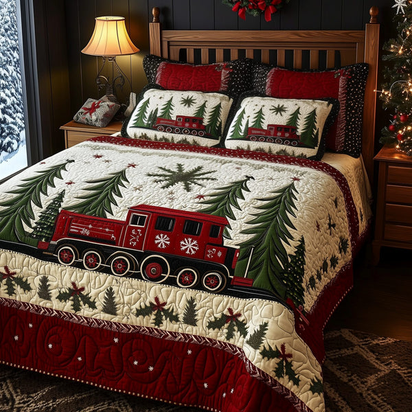 Christmas Train quilted 3-piece bedding set on a made bed in a winter-styled bedroom