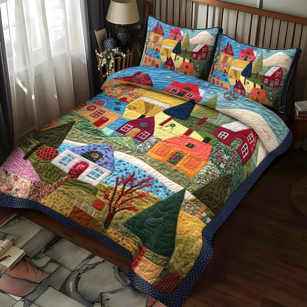 Christmas Tree Delight quilted 3-piece bedding set on a made bed in a winter-styled bedroom