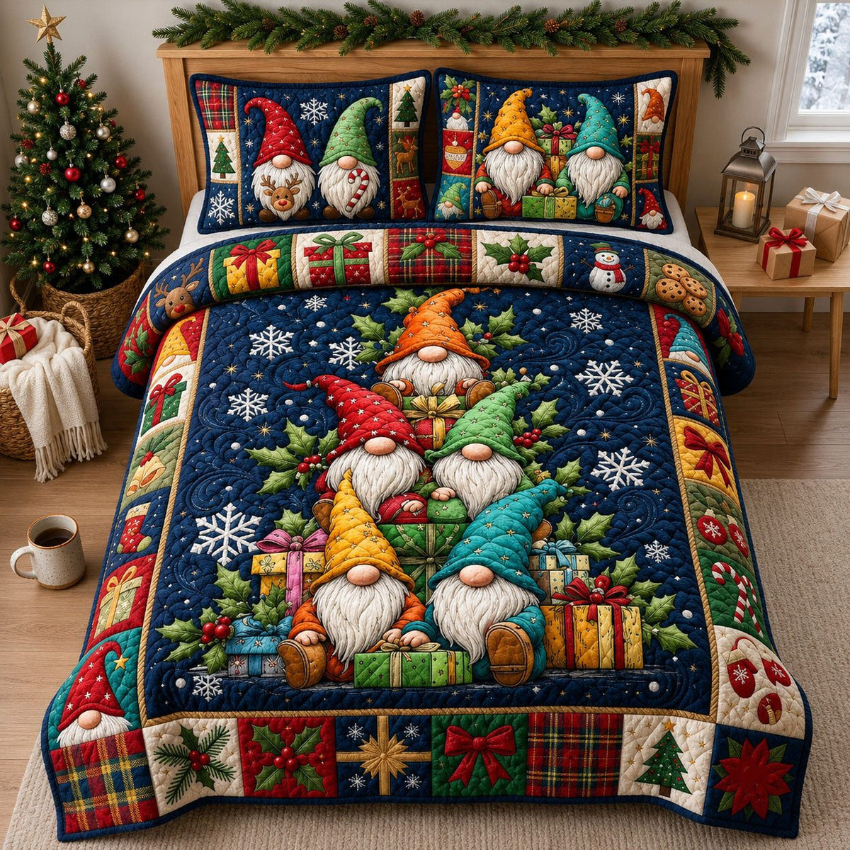 Christmas Tree Gnomes quilted 3-piece bedding set on a made bed in a winter-styled bedroom
