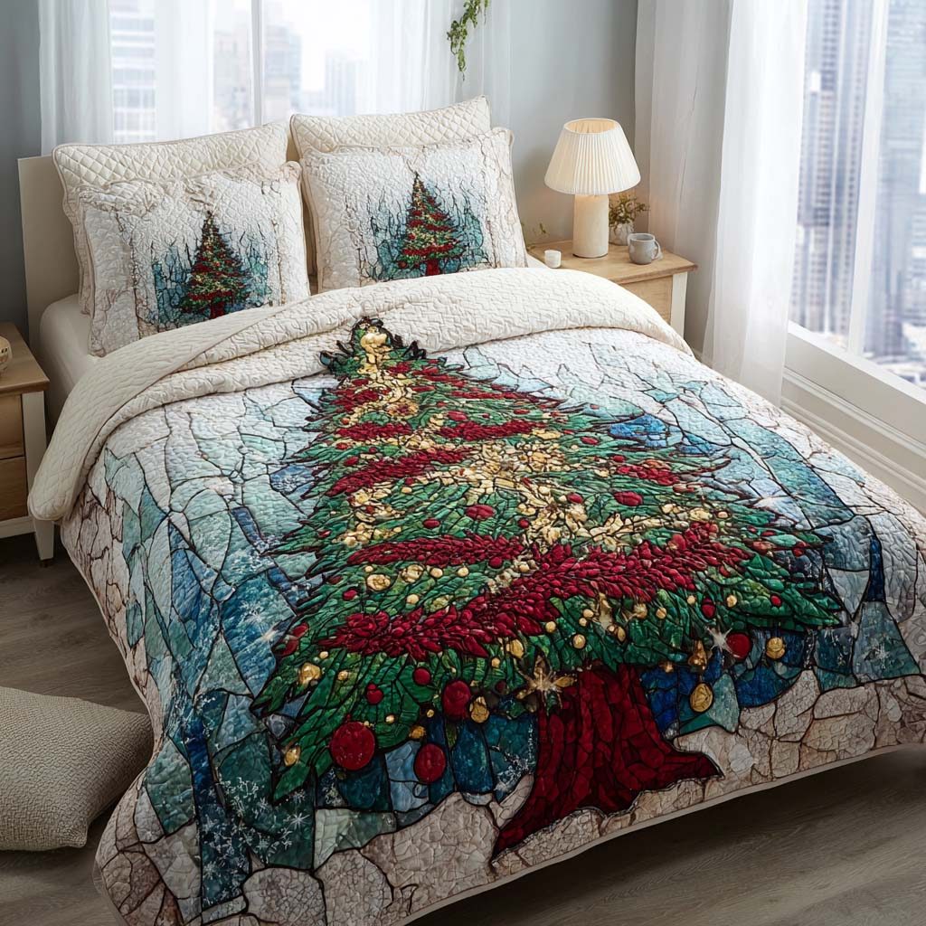 Christmas Tree quilted 3-piece bedding set on a made bed in a winter-styled bedroom