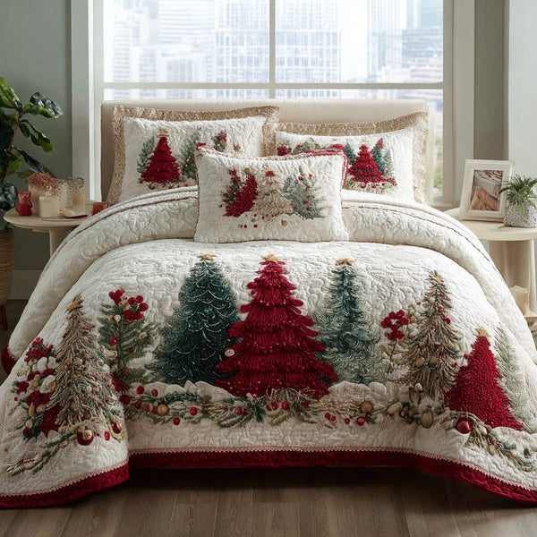 Christmas Tree quilted 3-piece bedding set on a made bed in a winter-styled bedroom