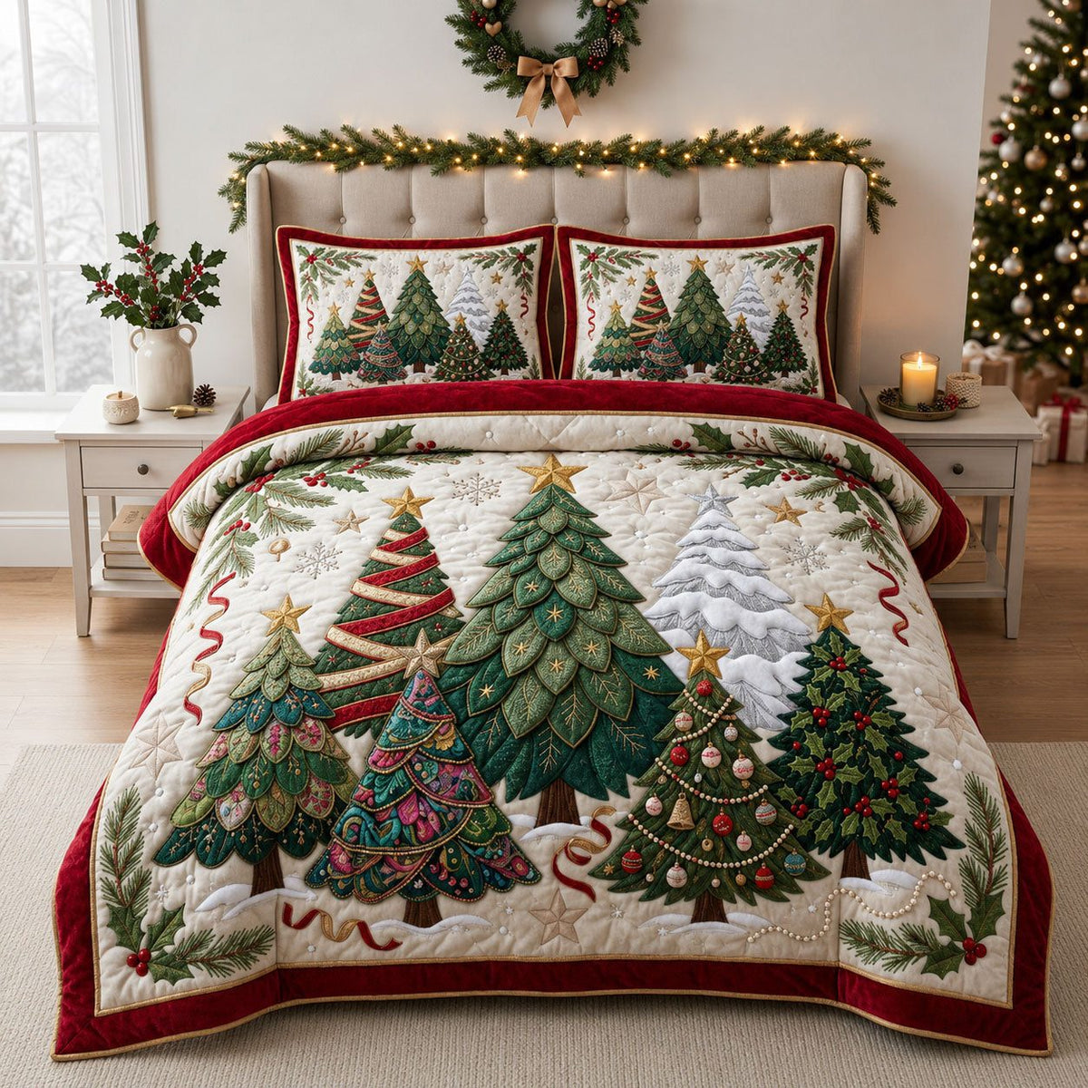 Christmas Trees quilted 3-piece bedding set on a made bed in a winter-styled bedroom