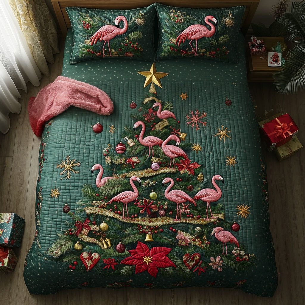 Christmas Tropics quilted 3-piece bedding set on a made bed in a winter-styled bedroom