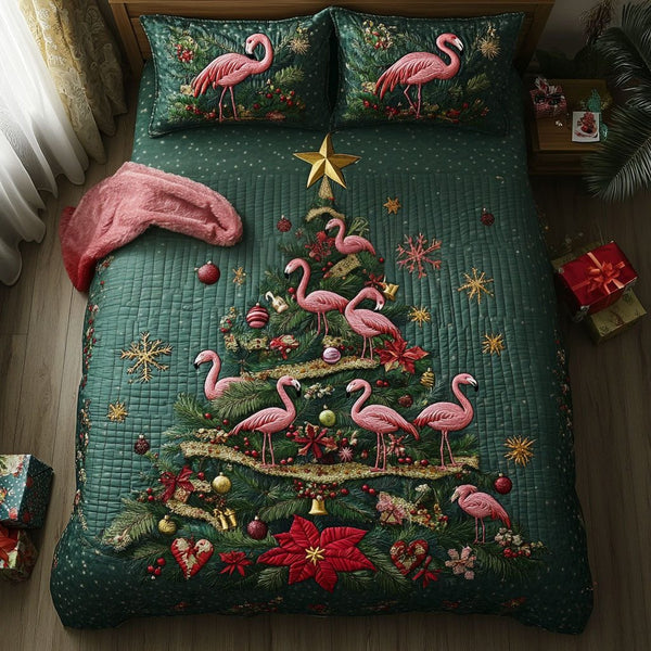 Christmas Tropics quilted 3-piece bedding set on a made bed in a winter-styled bedroom