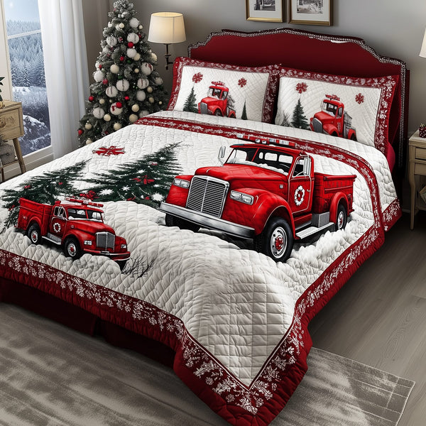 Christmas Truck quilted 3-piece bedding set on a made bed in a winter-styled bedroom