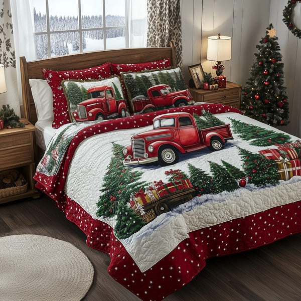 Christmas Truck quilted 3-piece bedding set on a made bed in a winter-styled bedroom