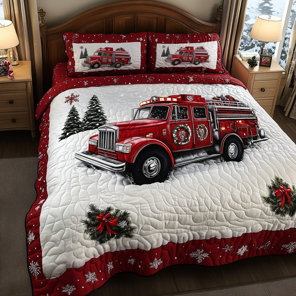 Christmas Truck quilted 3-piece bedding set on a made bed in a winter-styled bedroom