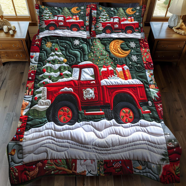 Christmas Truck quilted 3-piece bedding set on a made bed in a winter-styled bedroom