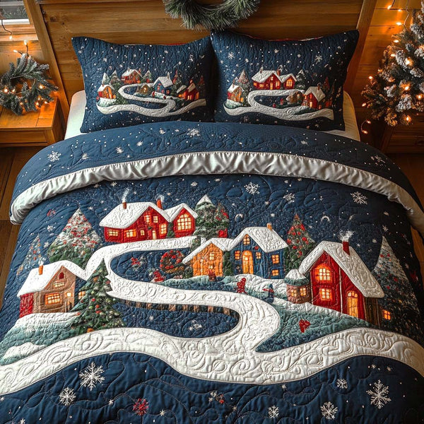 Christmas Village Glow quilted 3-piece bedding set on a made bed in a winter-styled bedroom
