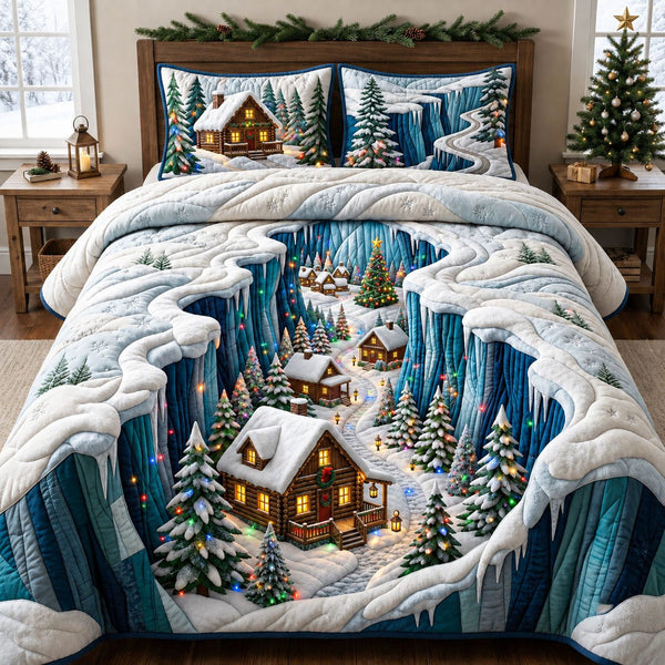 Christmas Village quilted 3-piece bedding set on a made bed in a winter-styled bedroom