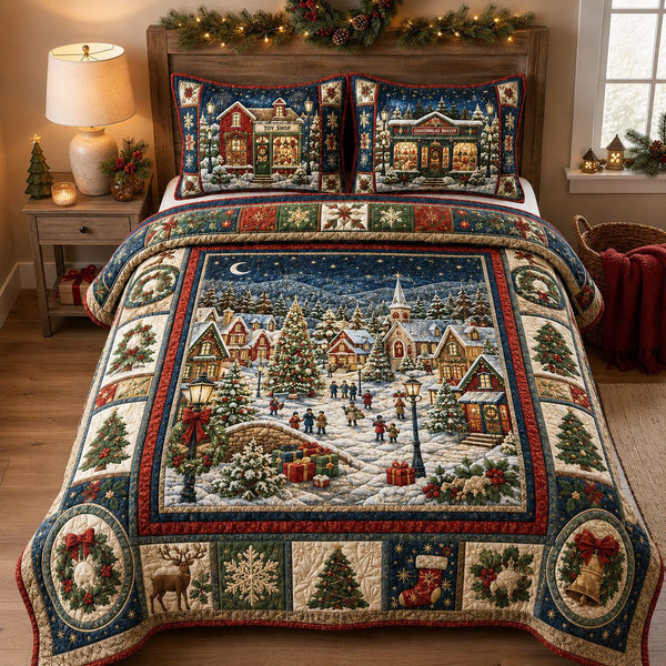 Christmas Village Winter Wonderland quilted 3-piece bedding set on a made bed in a winter-styled bedroom