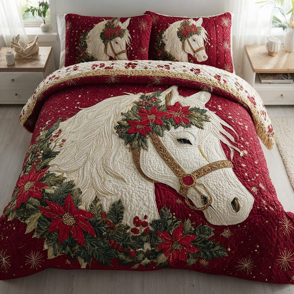 Christmas White Horse quilted 3-piece bedding set on a made bed in a winter-styled bedroom