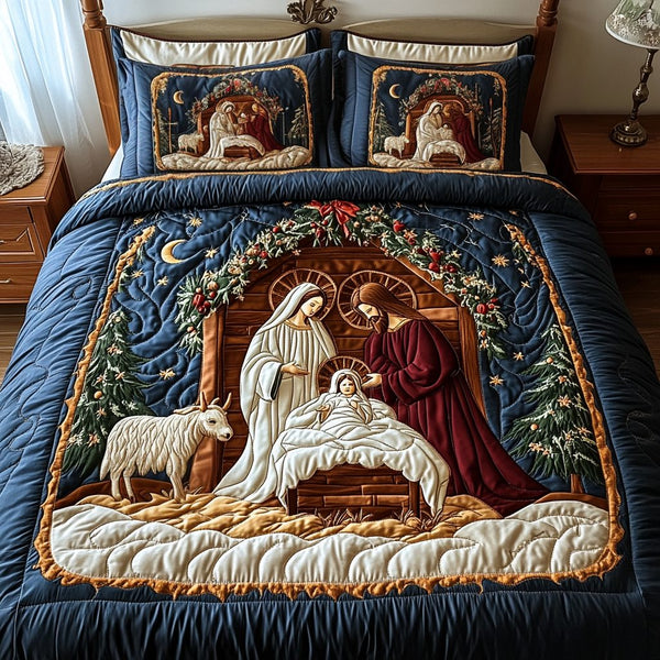 Christmastide Quilt quilted 3-piece bedding set on a made bed in a winter-styled bedroom