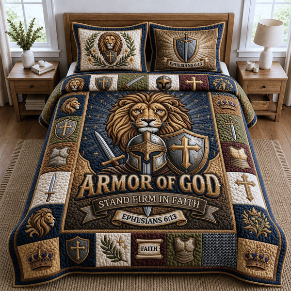 Chritian Faith quilted 3-piece bedding set on a made bed in a softly lit bedroom