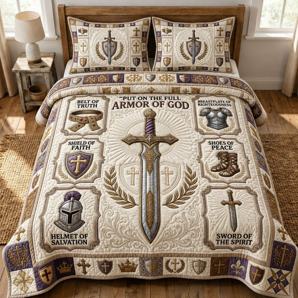 Chritian Faith quilted 3-piece bedding set on a made bed in a softly lit bedroom