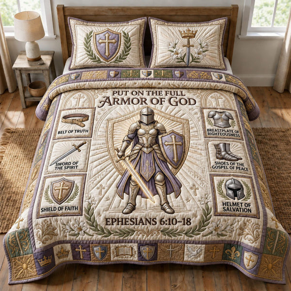 Chritian Faith quilted 3-piece bedding set on a made bed in a softly lit bedroom