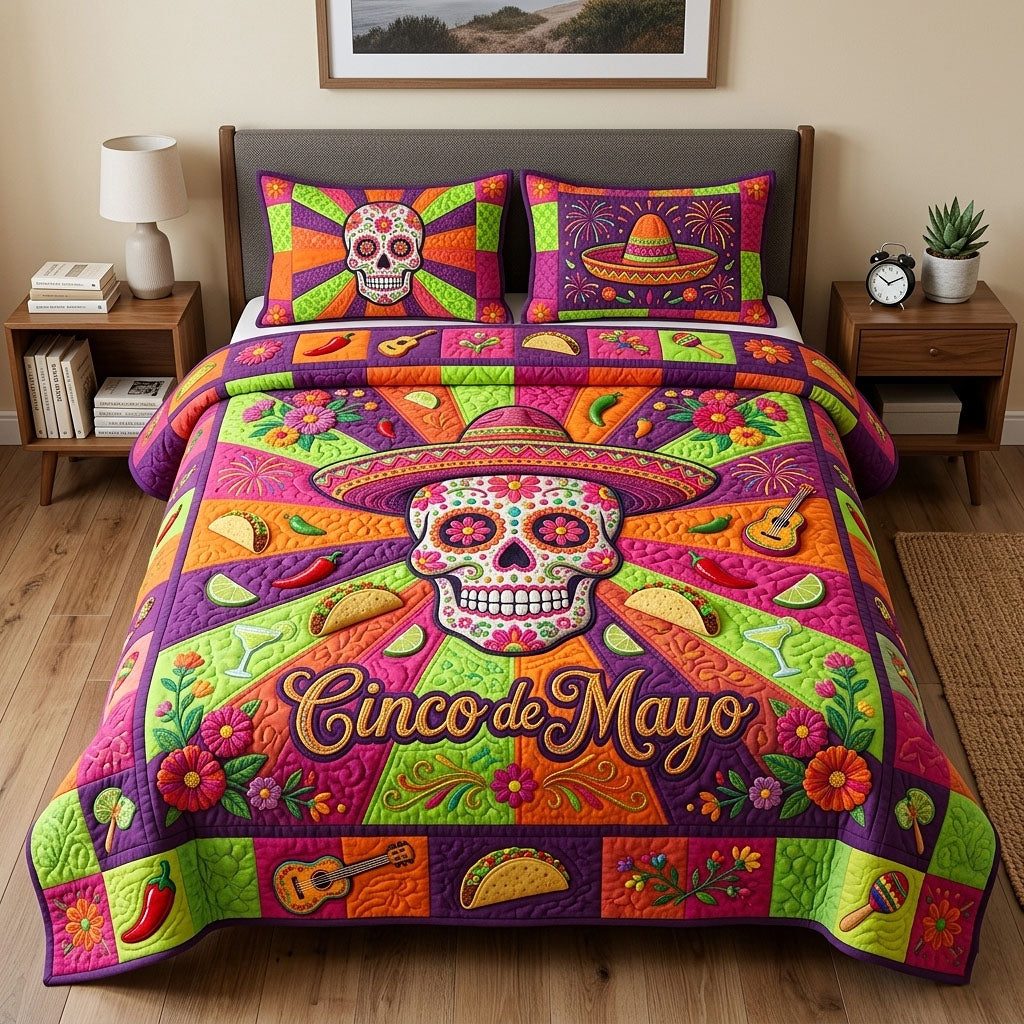 Cinco de Mayo quilted 3-piece bedding set on a made bed with two matching pillow shams