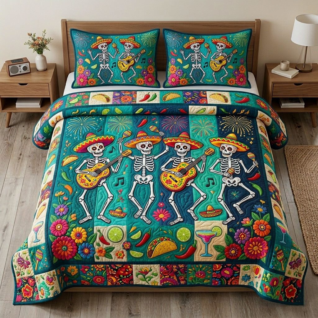 Cinco de Mayo quilted 3-piece bedding set on a made bed with two matching pillow shams