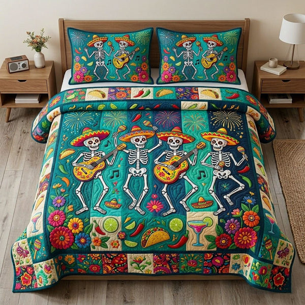 Cinco de Mayo quilted 3-piece bedding set on a made bed with two matching pillow shams