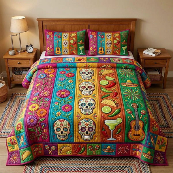 Cinco de Mayo quilted 3-piece bedding set on a made bed with two matching pillow shams