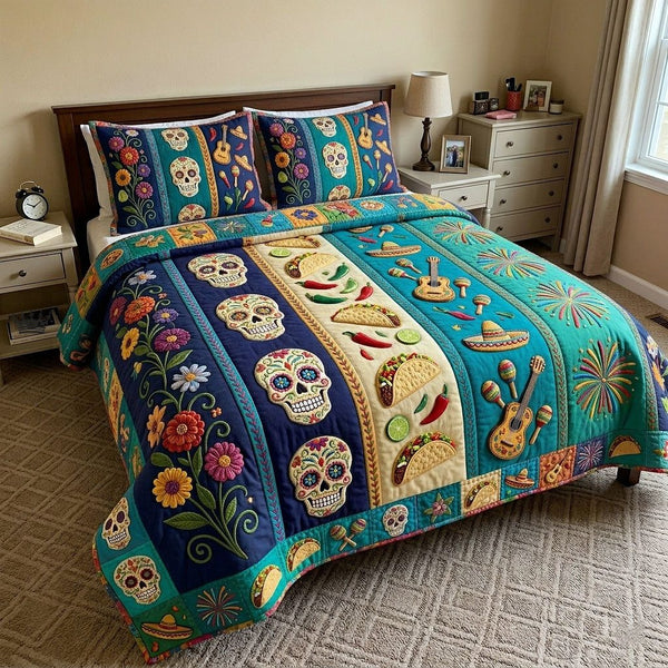 Cinco de Mayo quilted 3-piece bedding set on a made bed with two matching pillow shams