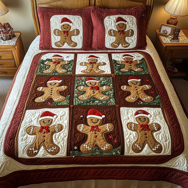 Cinnamon Cheer quilted 3-piece bedding set on a made bed with two matching pillow shams