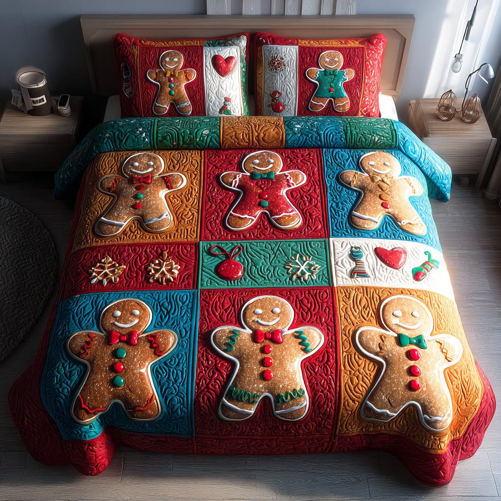 Cinnamon Spice Village quilted 3-piece bedding set on a made bed with two matching pillow shams