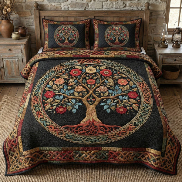 Circle of Life quilted 3-piece bedding set on a made bed with two matching pillow shams