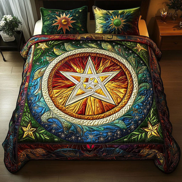 Circle of Light quilted 3-piece bedding set on a made bed with two matching pillow shams