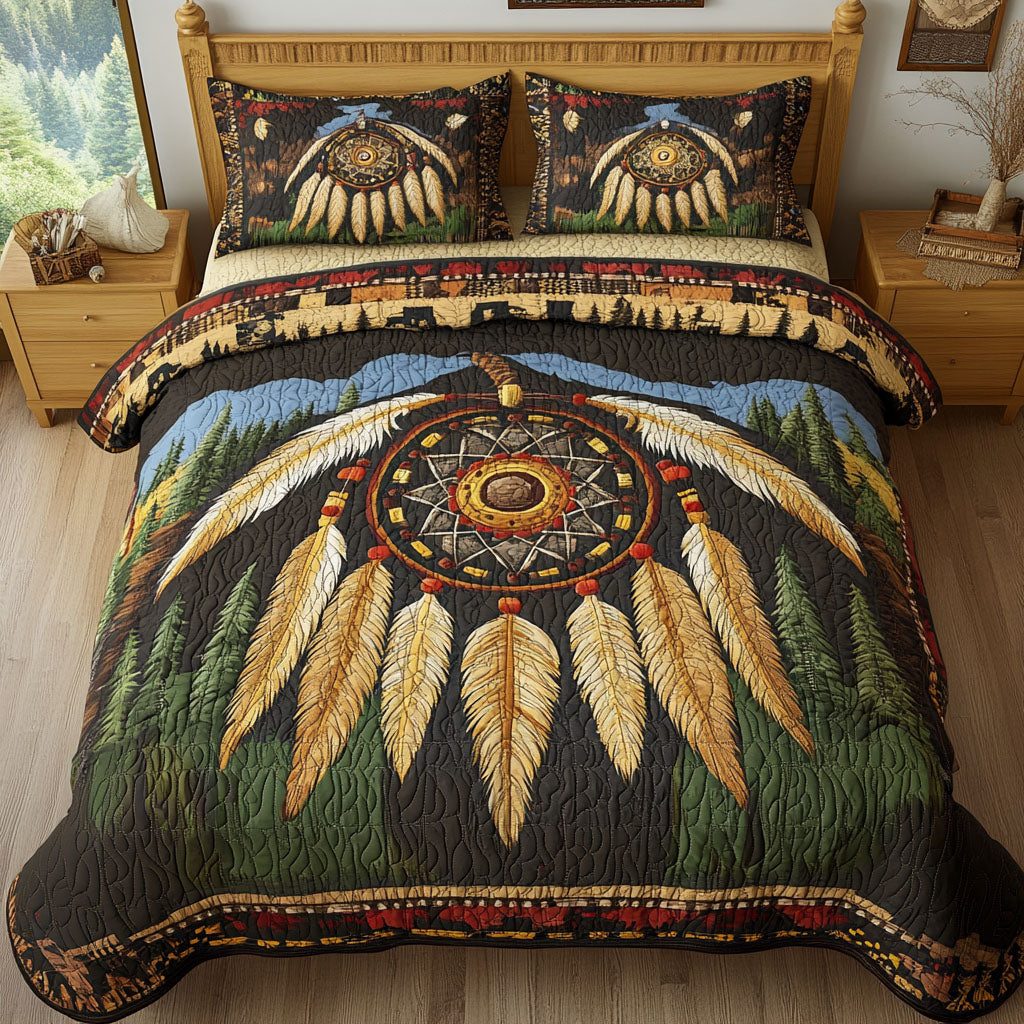 Circle of Peace quilted 3-piece bedding set on a made bed with two matching pillow shams