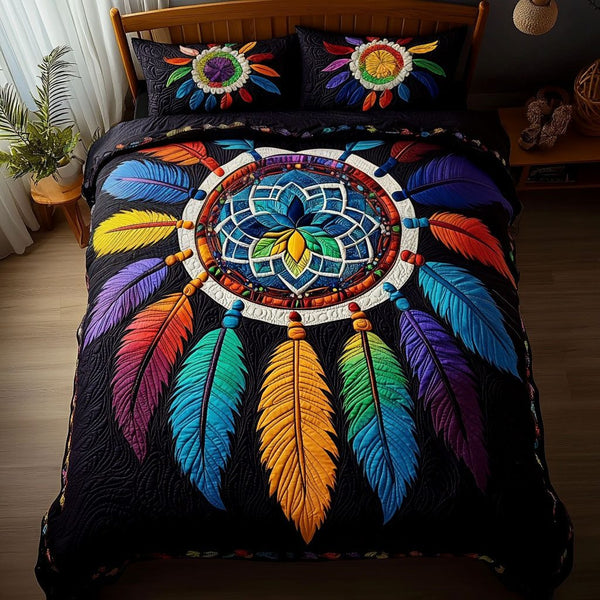 Circle of Protection quilted 3-piece bedding set on a made bed with two matching pillow shams