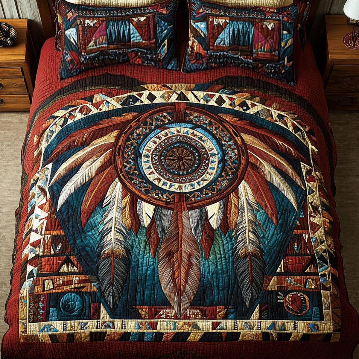 Circle of Spirits quilted 3-piece bedding set on a made bed with two matching pillow shams