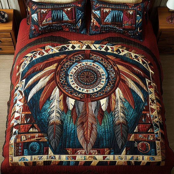 Circle of Spirits quilted 3-piece bedding set on a made bed with two matching pillow shams