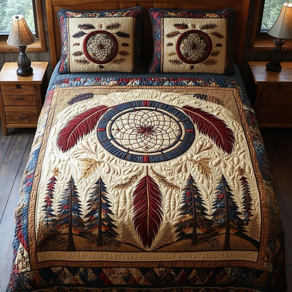 Circle of Stars quilted 3-piece bedding set on a made bed with two matching pillow shams