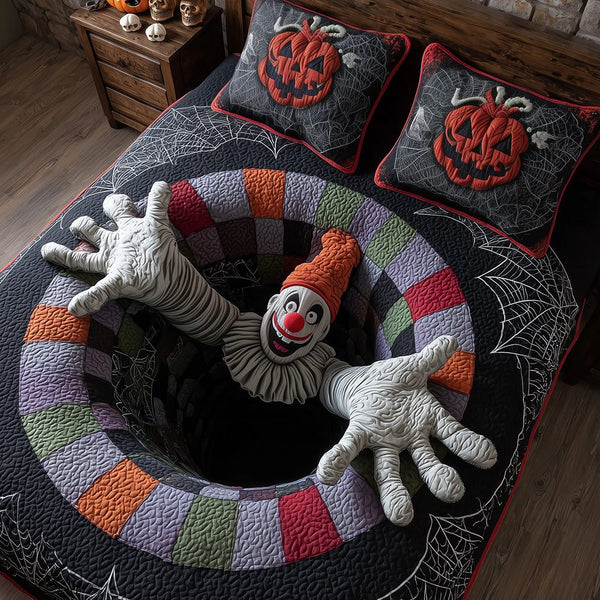 Circus Terror quilted 3-piece bedding set on a made bed with two matching pillow shams