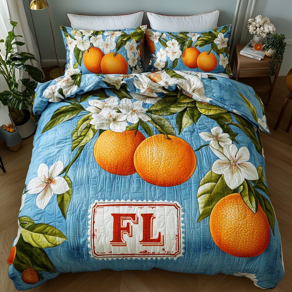 Citrus Bloom quilted 3-piece bedding set on a made bed with two matching pillow shams