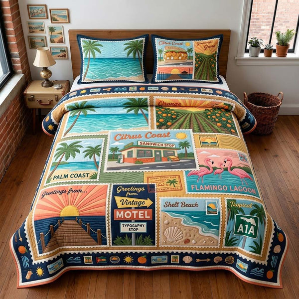 Citrus Coast quilted 3-piece bedding set on a made bed with two matching pillow shams