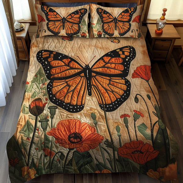 Citrus Glow Monarch Butterflies quilted 3-piece bedding set on a made bed with two matching pillow shams