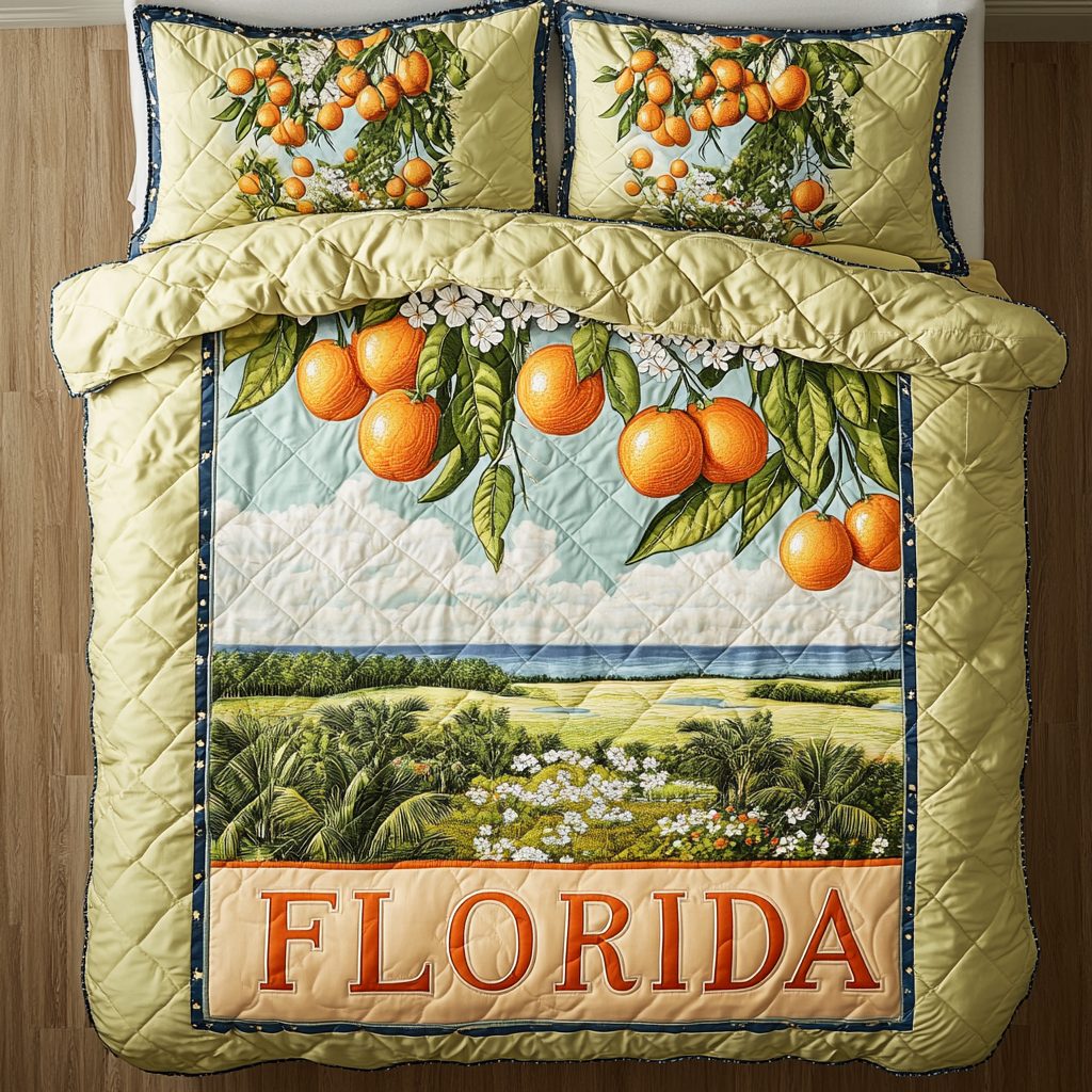 Citrus Haven quilted 3-piece bedding set on a made bed with two matching pillow shams