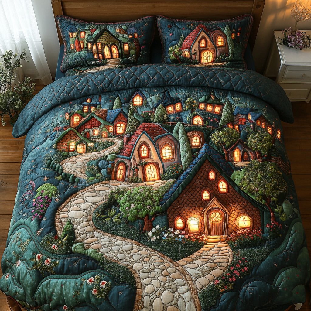 City Life quilted 3-piece bedding set on a made bed with two matching pillow shams
