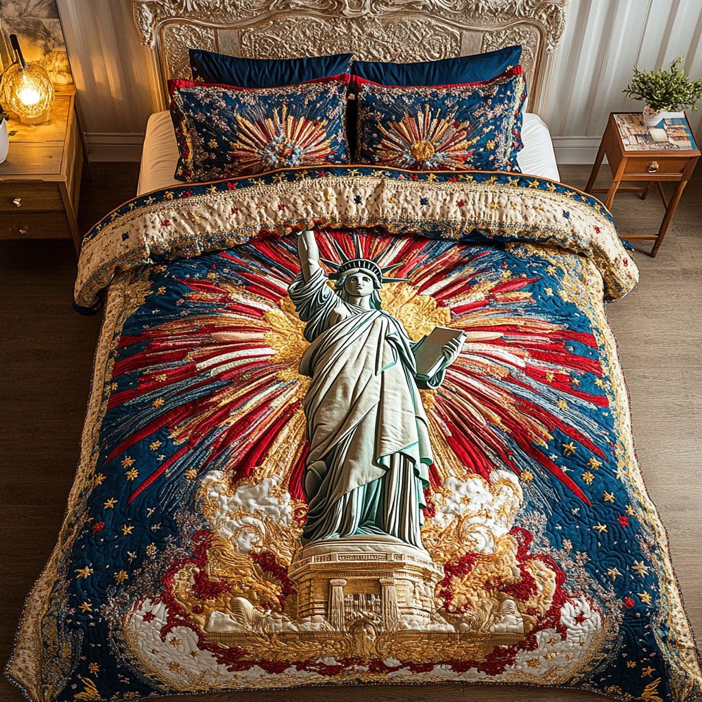 City of Liberty quilted 3-piece bedding set on a made bed in a warmly lit bedroom