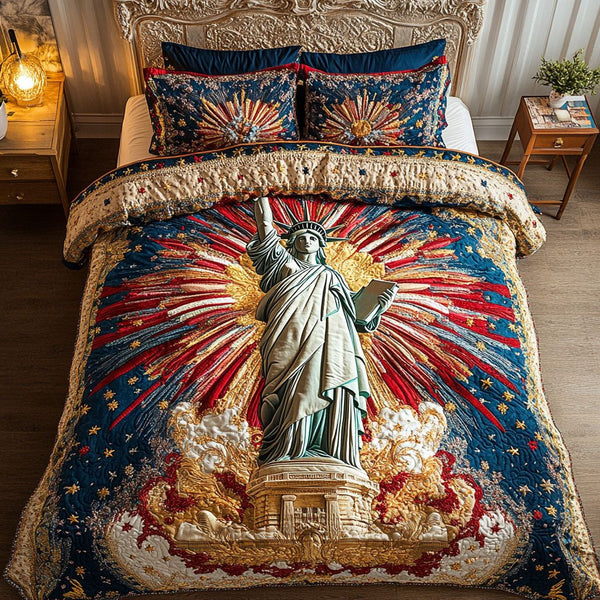 City of Liberty quilted 3-piece bedding set on a made bed in a warmly lit bedroom