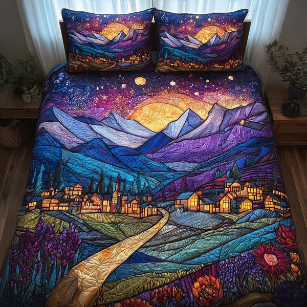 City of Starlight quilted 3-piece bedding set on a made bed with two matching pillow shams