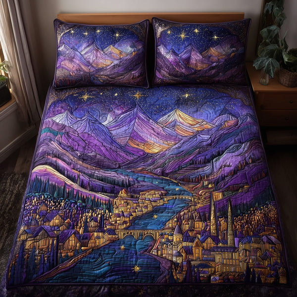 City of Starlight quilted 3-piece bedding set on a made bed with two matching pillow shams