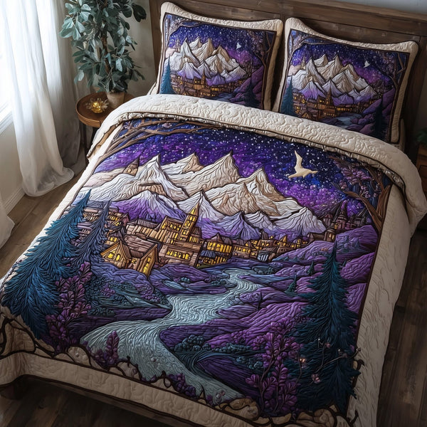 City of Starlight quilted 3-piece bedding set on a made bed with two matching pillow shams