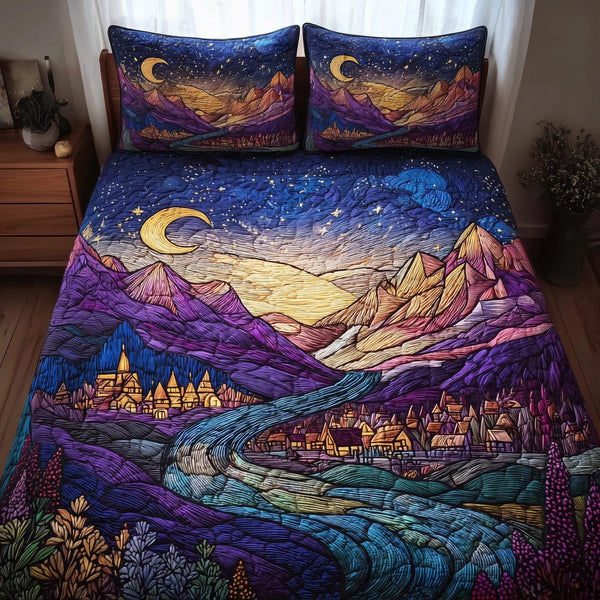 City of Starlight quilted 3-piece bedding set on a made bed with two matching pillow shams