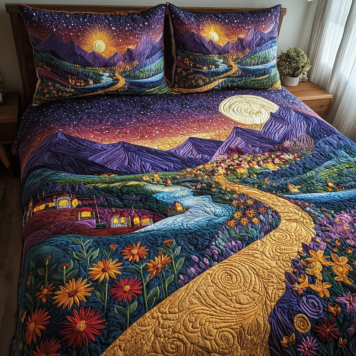 City of Starlight quilted 3-piece bedding set on a made bed with two matching pillow shams