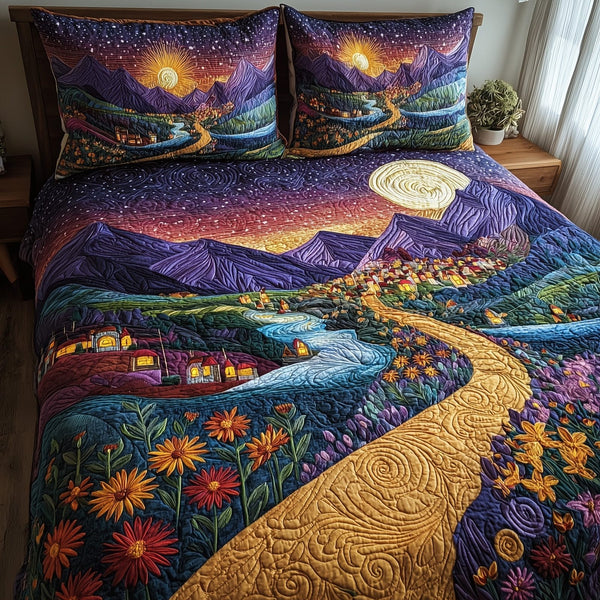 City of Starlight quilted 3-piece bedding set on a made bed with two matching pillow shams