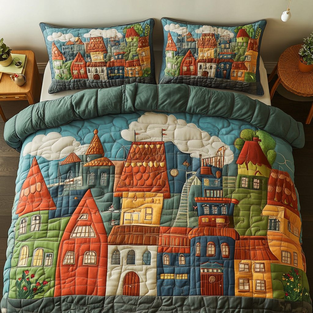 Cityscape Dream quilted 3-piece bedding set on a made bed with two matching pillow shams
